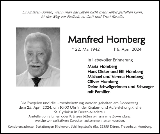 Traueranzeige von Manfred Homberg von Zeitung am Sonntag
