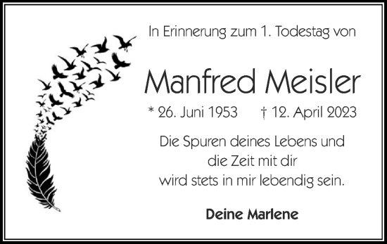Traueranzeige von Manfred Meisler von Zeitung am Sonntag