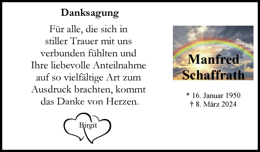  Traueranzeige für Manfred Schaffrath vom 14.04.2024 aus Zeitung am Sonntag
