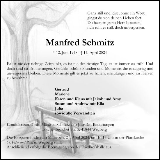 Traueranzeige von Manfred Schmitz von Zeitung am Sonntag