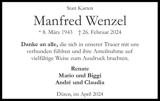 Traueranzeige von Manfred Wenzel von Zeitung am Sonntag