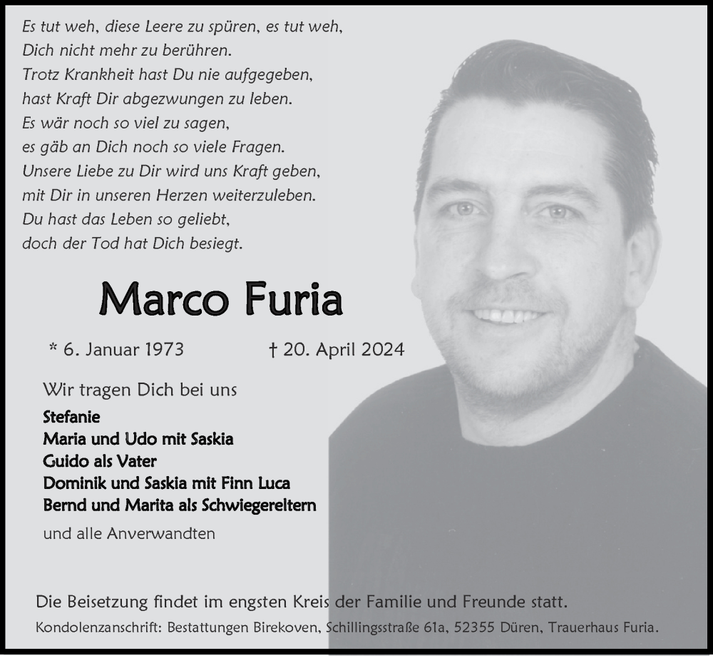  Traueranzeige für Marco Furia vom 28.04.2024 aus Zeitung am Sonntag