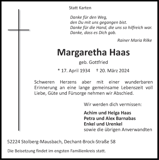 Traueranzeige von Margaretha Haas von Zeitung am Sonntag