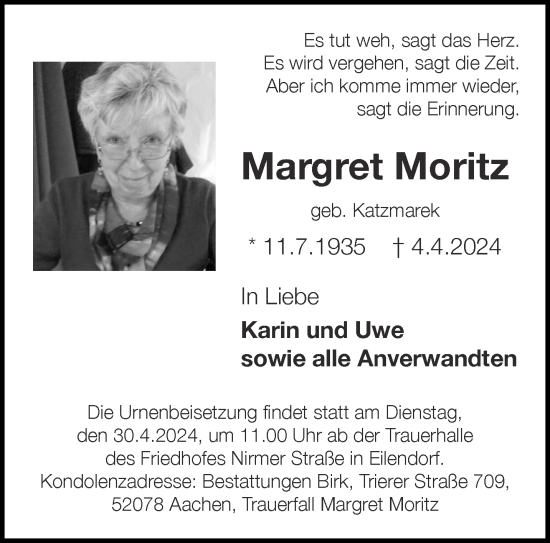 Traueranzeige von Margret Moritz von Aachener Zeitung