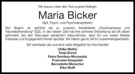 Traueranzeige von Maria Bicker von Aachener Zeitung