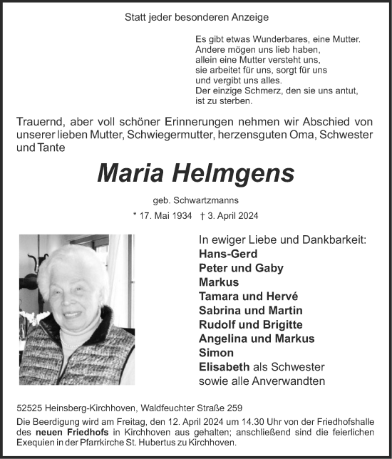 Traueranzeige von Maria Helmgens von Zeitung am Sonntag