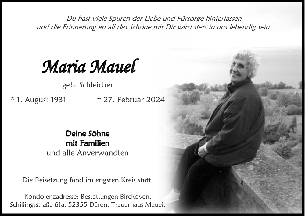  Traueranzeige für Maria Mauel vom 07.04.2024 aus Zeitung am Sonntag