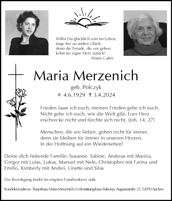 Traueranzeige von Maria Merzenich von Zeitung am Sonntag