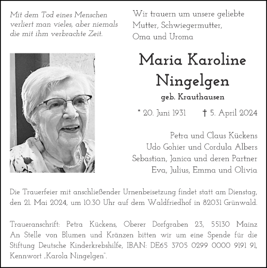 Traueranzeige von Maria Karoline Ningelgen von Zeitung am Sonntag