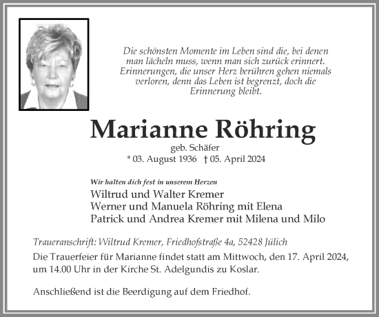 Traueranzeige von Marianne Röhring von Zeitung am Sonntag