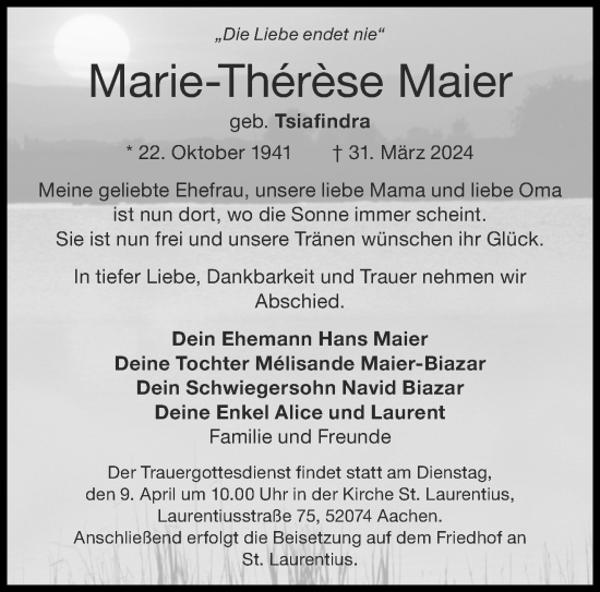 Traueranzeige von Marie-Thérèse Maier von Aachener Zeitung