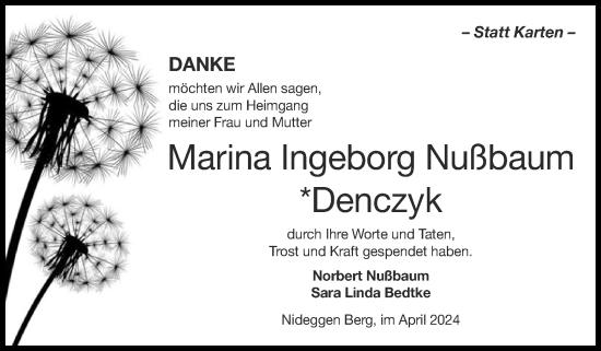 Traueranzeige von Marina Ingeborg Nußbaum von Zeitung am Sonntag
