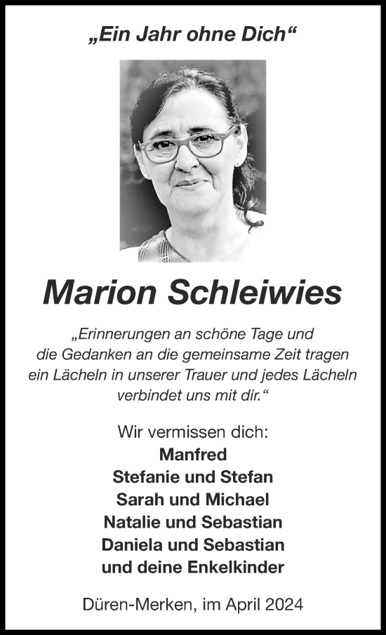 Traueranzeige von Marion Schleiwies von Zeitung am Sonntag