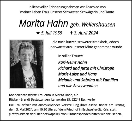 Traueranzeige von Marita Hahn von Zeitung am Sonntag