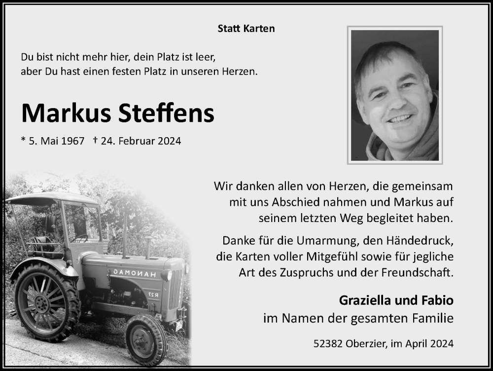  Traueranzeige für Markus Steffens vom 21.04.2024 aus Zeitung am Sonntag