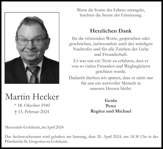 Traueranzeige von Martin Hecker von Zeitung am Sonntag