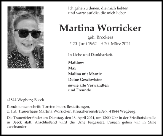 Traueranzeige von Martina Worricker von Zeitung am Sonntag