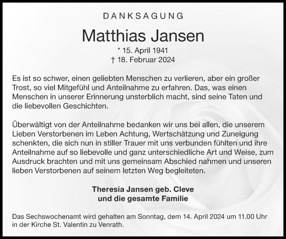  Traueranzeige für Matthias Jansen vom 07.04.2024 aus Zeitung am Sonntag