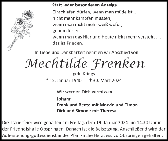 Traueranzeige von Mechtilde Frenken von Zeitung am Sonntag