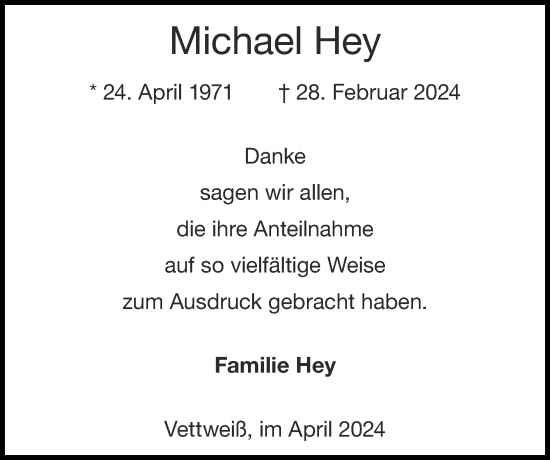 Traueranzeige von Michael Hey von Zeitung am Sonntag