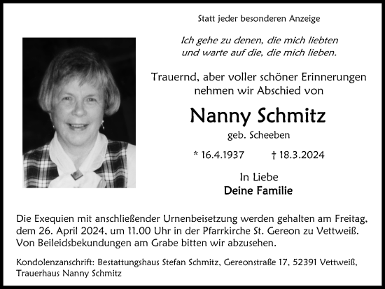 Traueranzeige von Nanny Schmitz von Zeitung am Sonntag