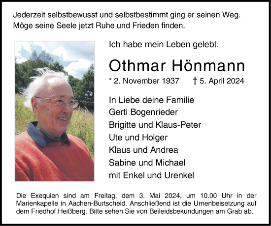 Traueranzeige von Othmar Hönmann von Zeitung am Sonntag