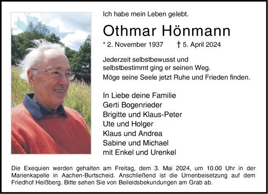 Traueranzeige von Othmar Hönmann von Aachener Zeitung