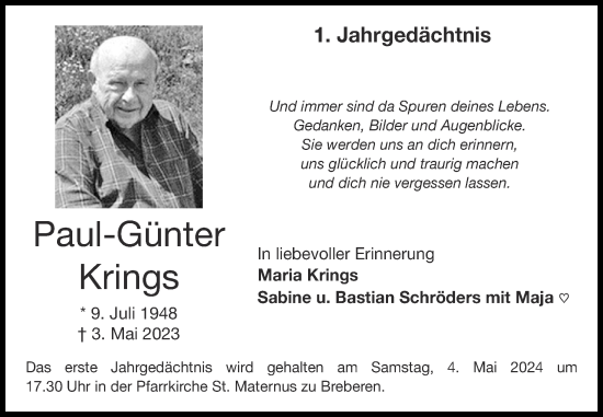 Traueranzeige von Paul-Günter Krings von Zeitung am Sonntag