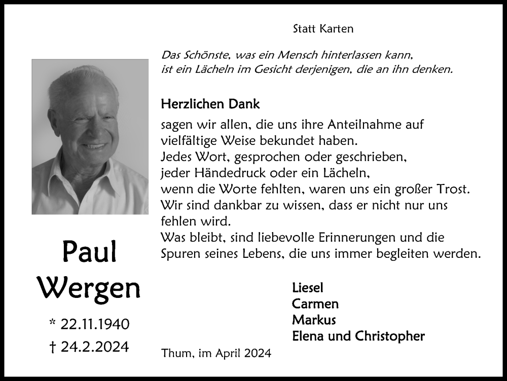  Traueranzeige für Paul Wergen vom 07.04.2024 aus Zeitung am Sonntag