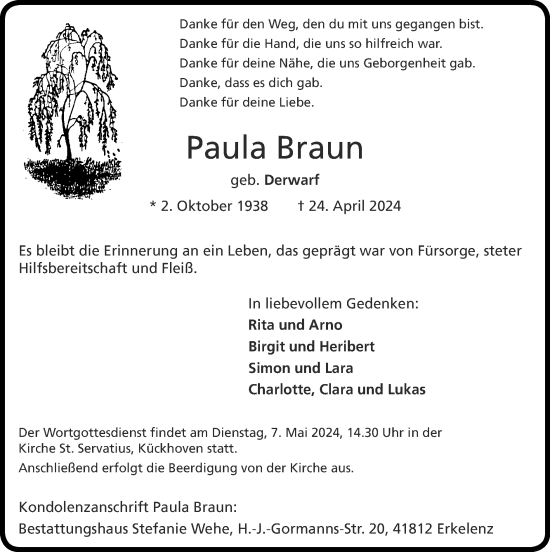 Traueranzeige von Paula Braun von Zeitung am Sonntag