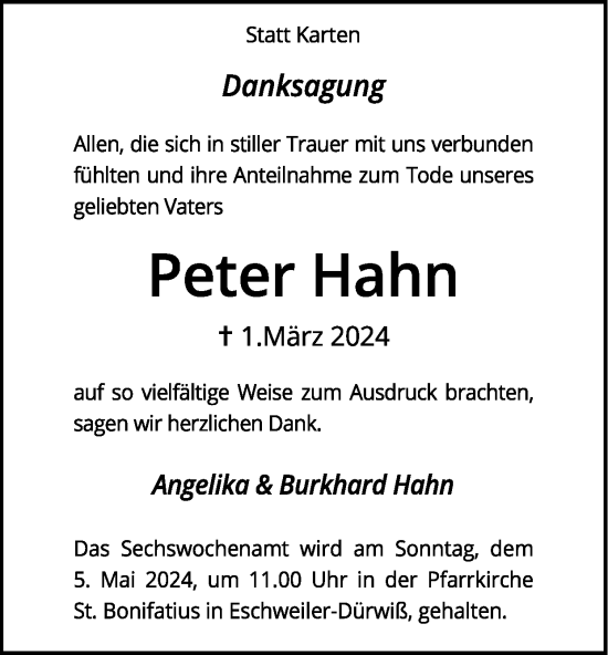 Traueranzeige von Peter Hahn von Zeitung am Sonntag