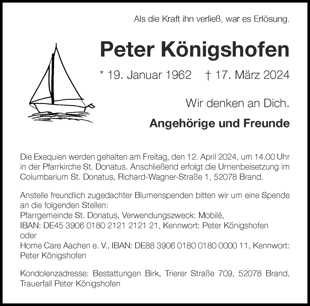  Traueranzeige für Peter Königshofen vom 06.04.2024 aus Aachener Zeitung