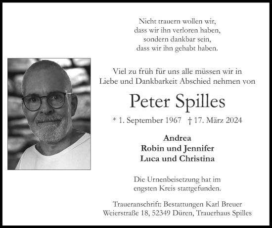 Traueranzeige von Peter Spilles von Zeitung am Sonntag