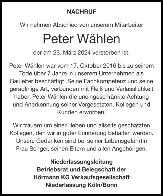 Traueranzeige von Peter Wählen von Aachener Zeitung