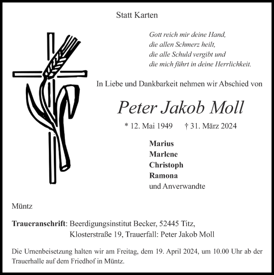 Traueranzeige von Peter Jakob Moll von Zeitung am Sonntag