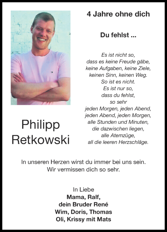 Traueranzeige von Philipp Retkowski von Zeitung am Sonntag