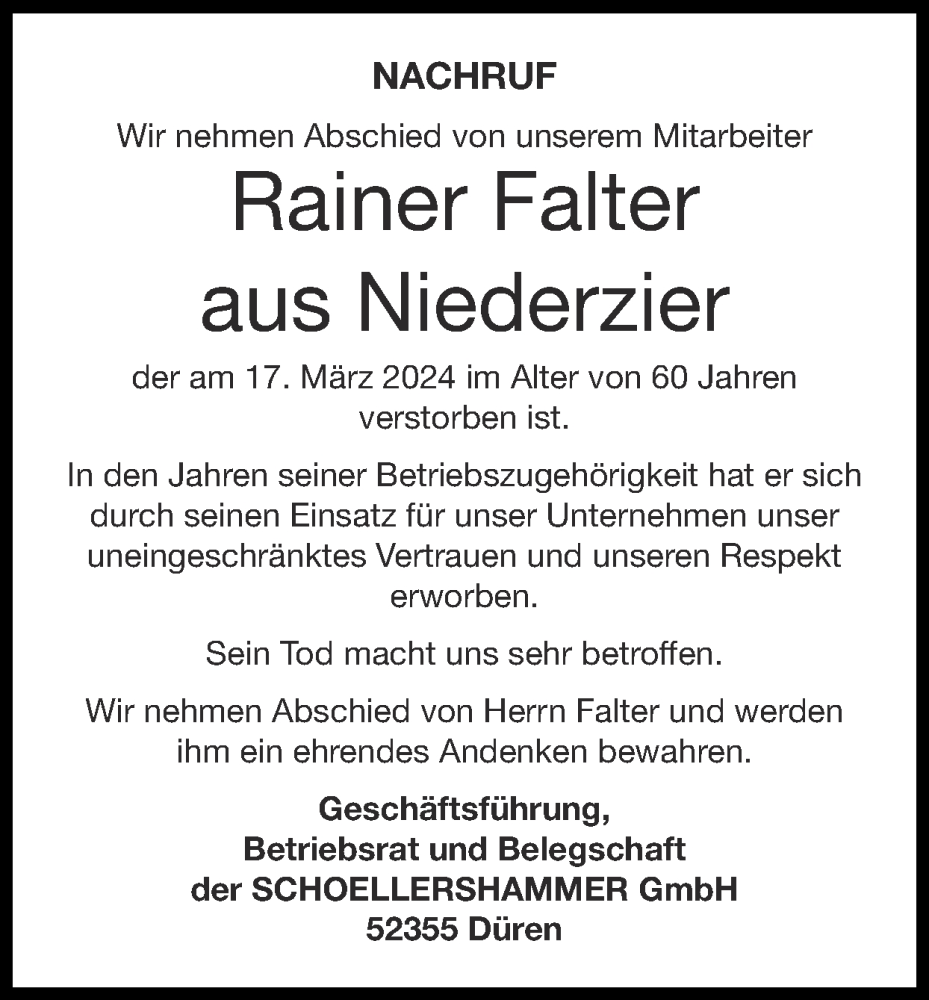  Traueranzeige für Rainer Falter vom 07.04.2024 aus Zeitung am Sonntag