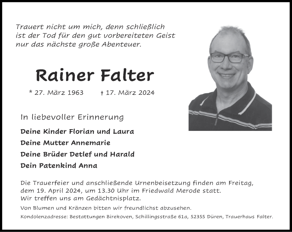  Traueranzeige für Rainer Falter vom 07.04.2024 aus Zeitung am Sonntag