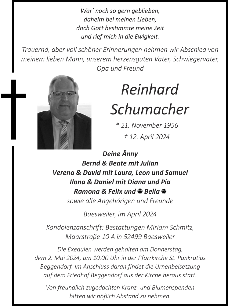  Traueranzeige für Reinhard Schumacher vom 21.04.2024 aus Zeitung am Sonntag