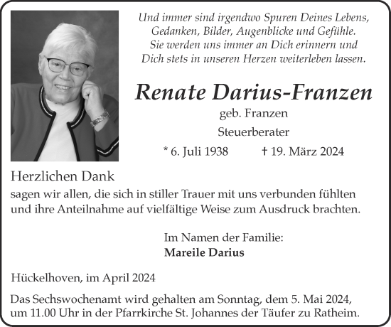 Traueranzeige von Renate Darius-Franzen von Zeitung am Sonntag