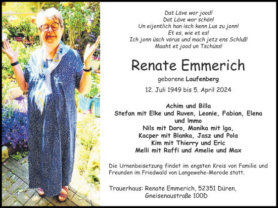 Traueranzeige von Renate Emmerich von Zeitung am Sonntag