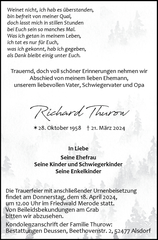 Traueranzeige von Richard Thurow von Zeitung am Sonntag