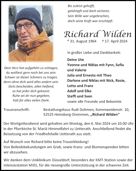 Traueranzeige von Richard Wilden von Zeitung am Sonntag