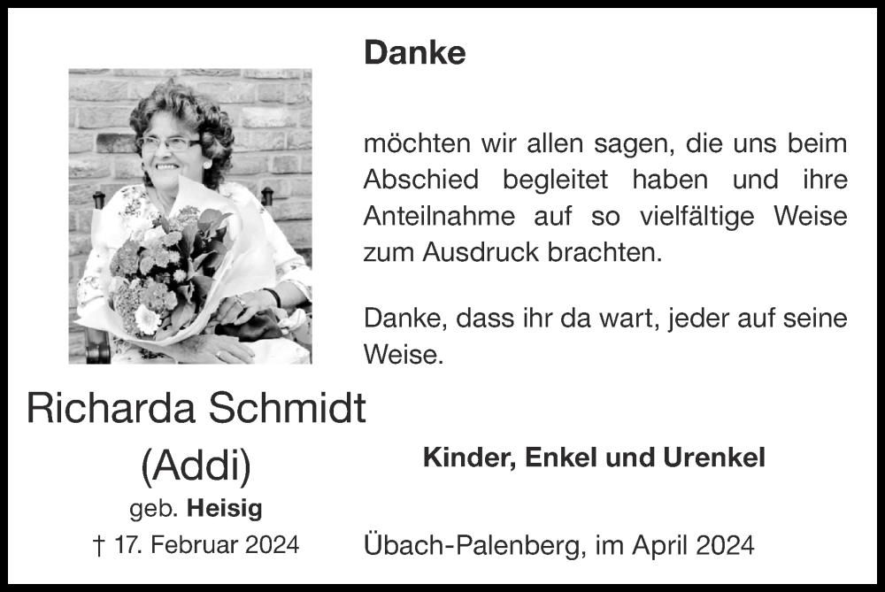  Traueranzeige für Richarda Schmidt vom 21.04.2024 aus Zeitung am Sonntag
