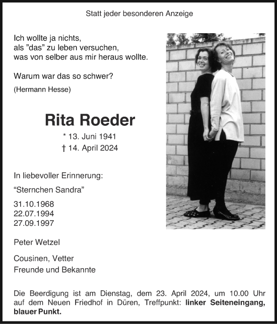 Traueranzeige von Rita Roeder von Zeitung am Sonntag