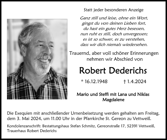 Traueranzeige von Robert Dederichs von Zeitung am Sonntag