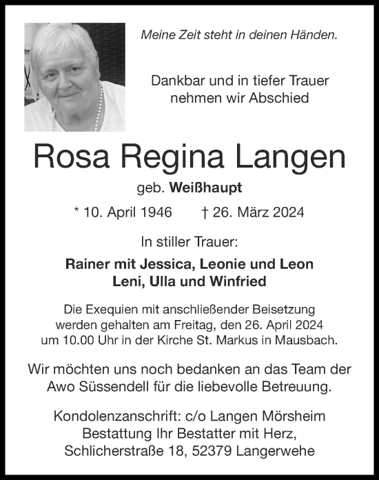 Traueranzeige von Rosa Regina Langen von Zeitung am Sonntag
