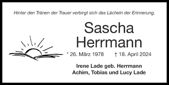 Traueranzeige von Sascha Herrmann von Zeitung am Sonntag