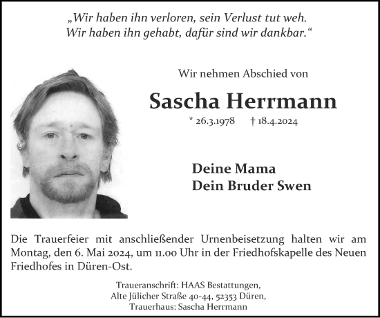 Traueranzeige von Sascha Herrmann von Zeitung am Sonntag