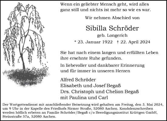 Traueranzeige von Sibilla Schröder von Aachener Zeitung
